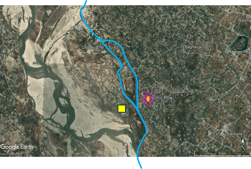 Satellite map showing house on one side of the Ghaghra River and the electricity pole on the opposite side